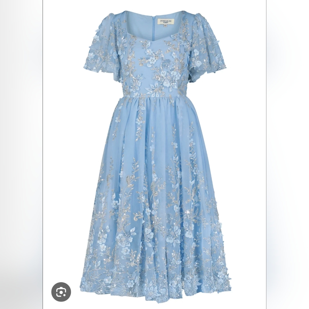 JessaKae Light Blue Embroidered Midi Dress with Silver Accents